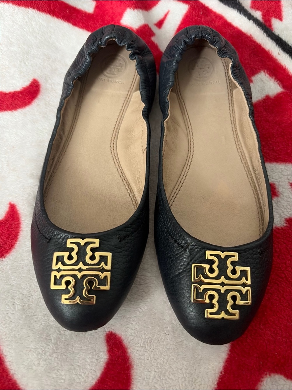 Tory Burch Black Leather Logo Ballet Flats with Gold Emblem
